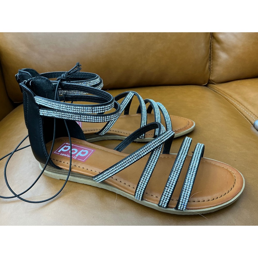 POP Anayeli Gladiator Sandals‎ Womens 9 Black Rhinestone Strappy Flat